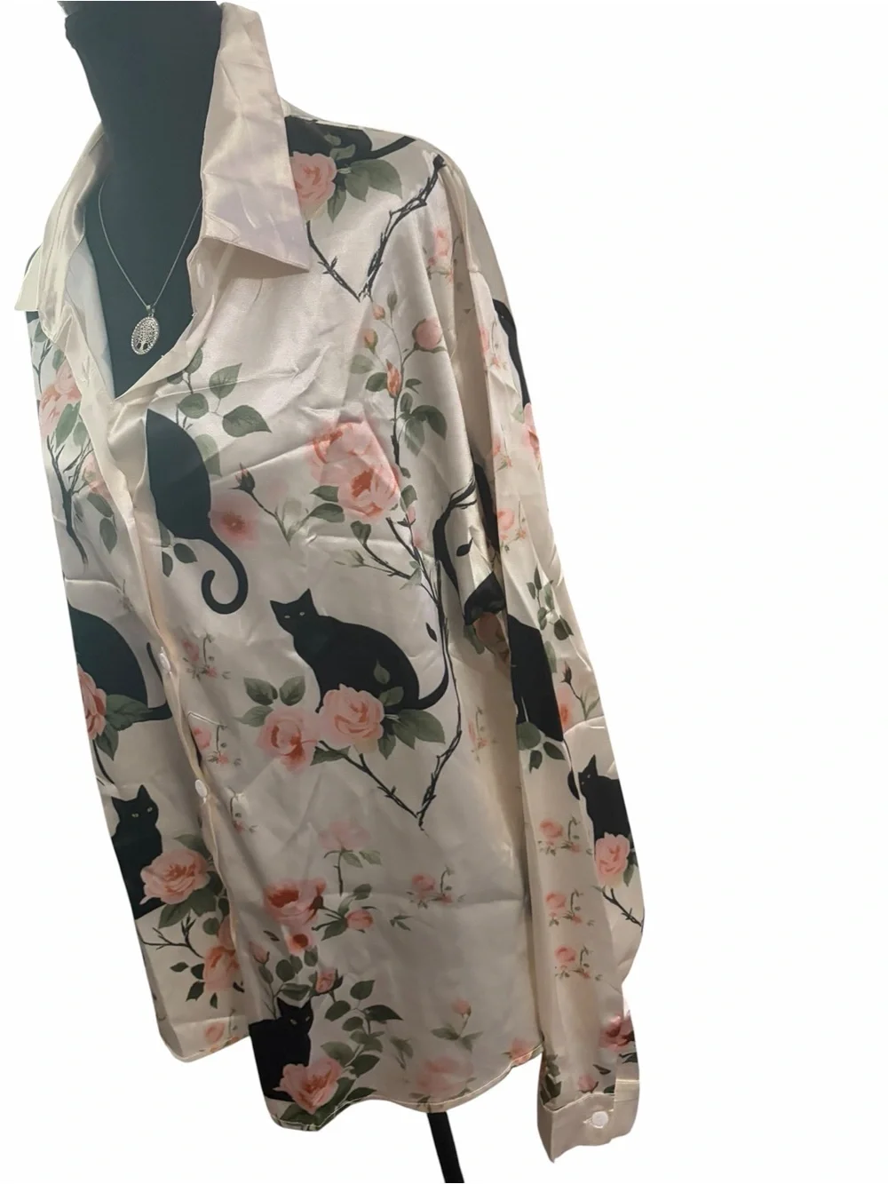 Black Cat & Floral Satin Button-Up Blouse Women's XL